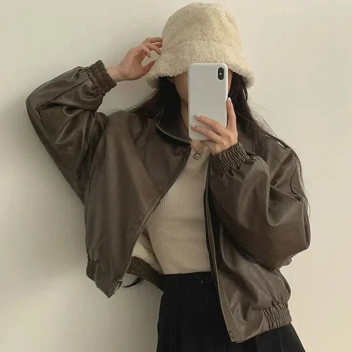 Warm Retro Minimalist Suede Lapel Leather Jacket