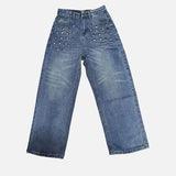 Vintage Washed Rivet Design Wide Leg Jeans