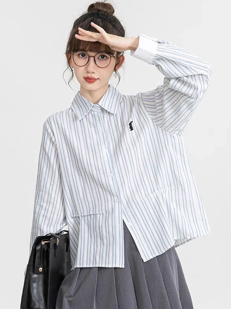 Chemise longue rayée pour femme, style preppy rétro et doux