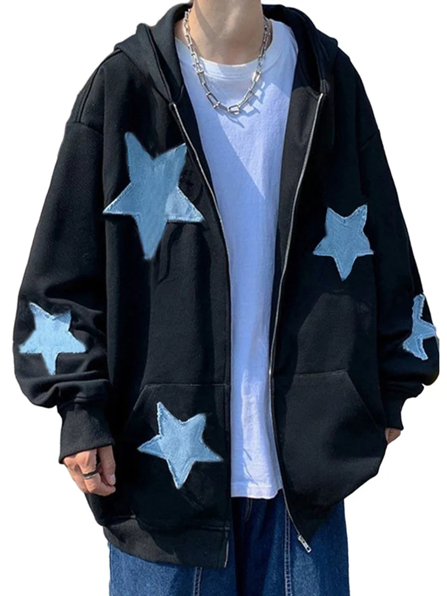 Streetwear Starry Zip Casual Long Hooded Sweatshirt