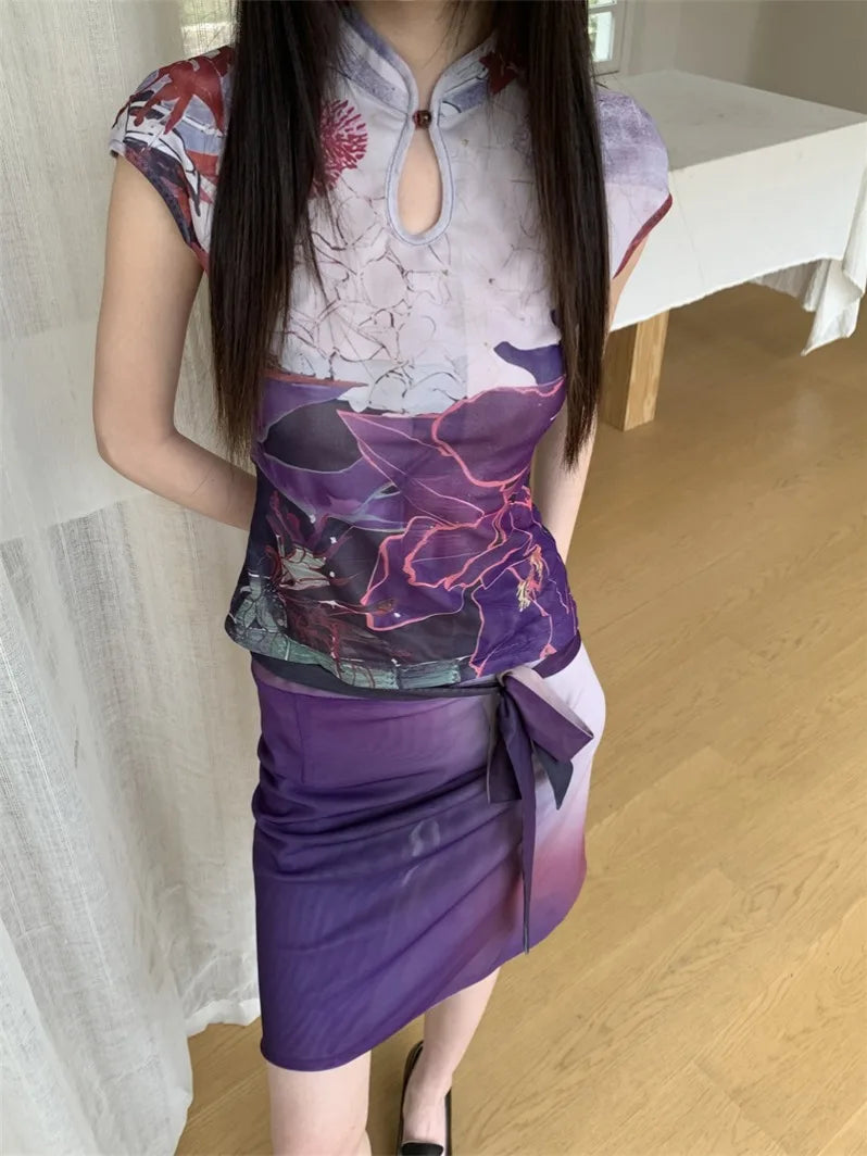 Y2K Vintage Reversible Mesh Floral Top and Skirt