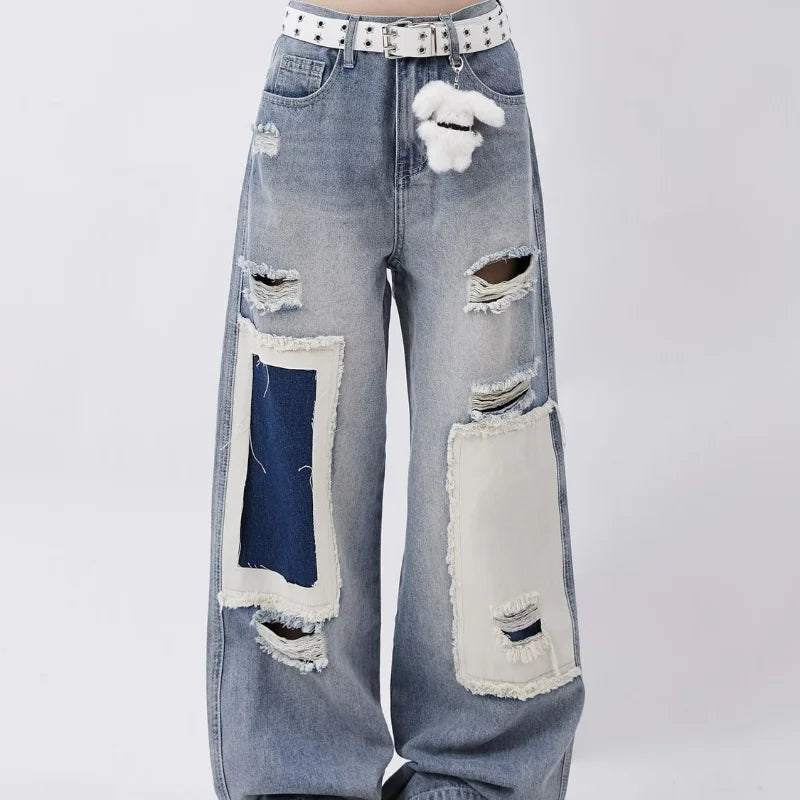 Oversize-Jeans mit Flicken und Löchern, High-Jeans
