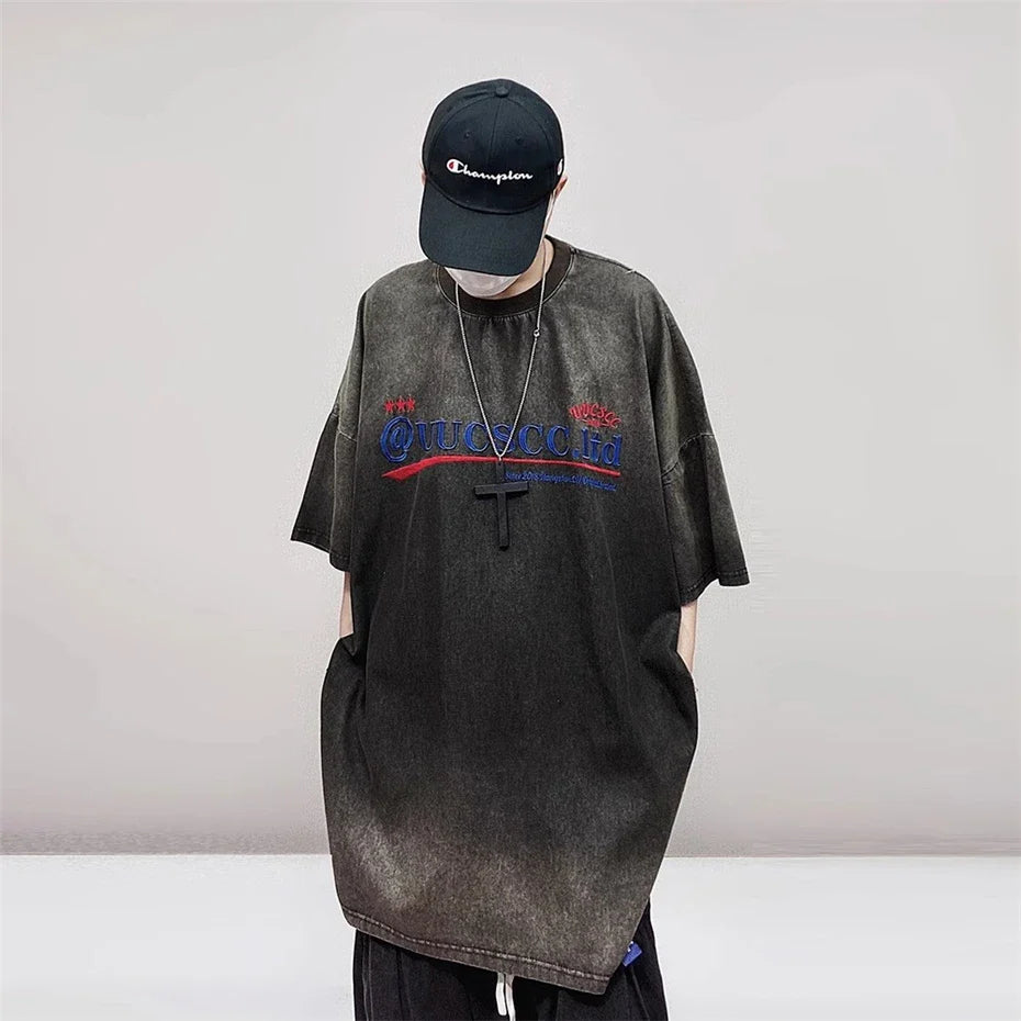 Vintage-Denim-Hip-Hop-T-Shirt mit Stickerei
