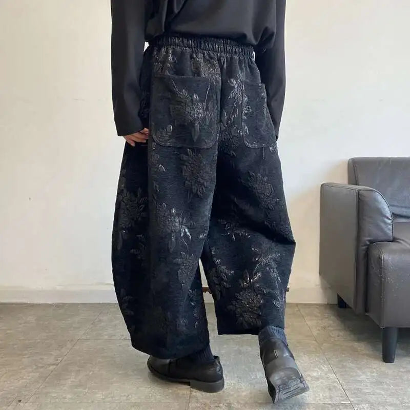 Men Floral Embroidery Baggy Wide Leg Pants