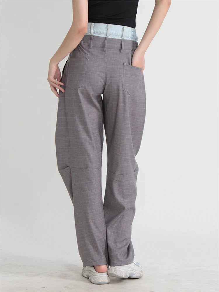 Double Plaid Patchwork High Waist Pants