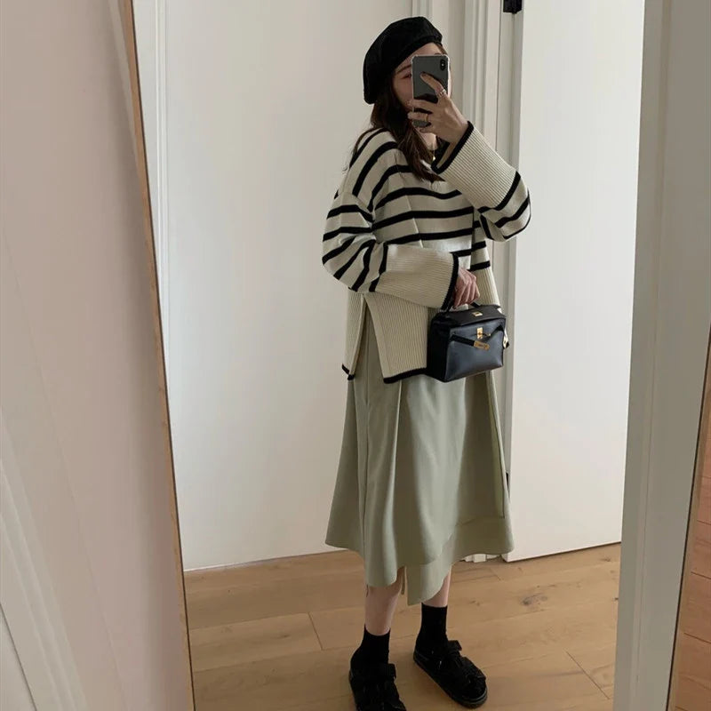 Women Chic Korean Striped Loose Knit Sweater