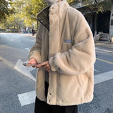 양면 컬러 블록 울 페이크 퍼 재킷