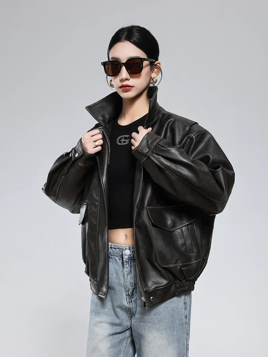 Vintage-Lederjacke für Damen, braun, im Used-Look