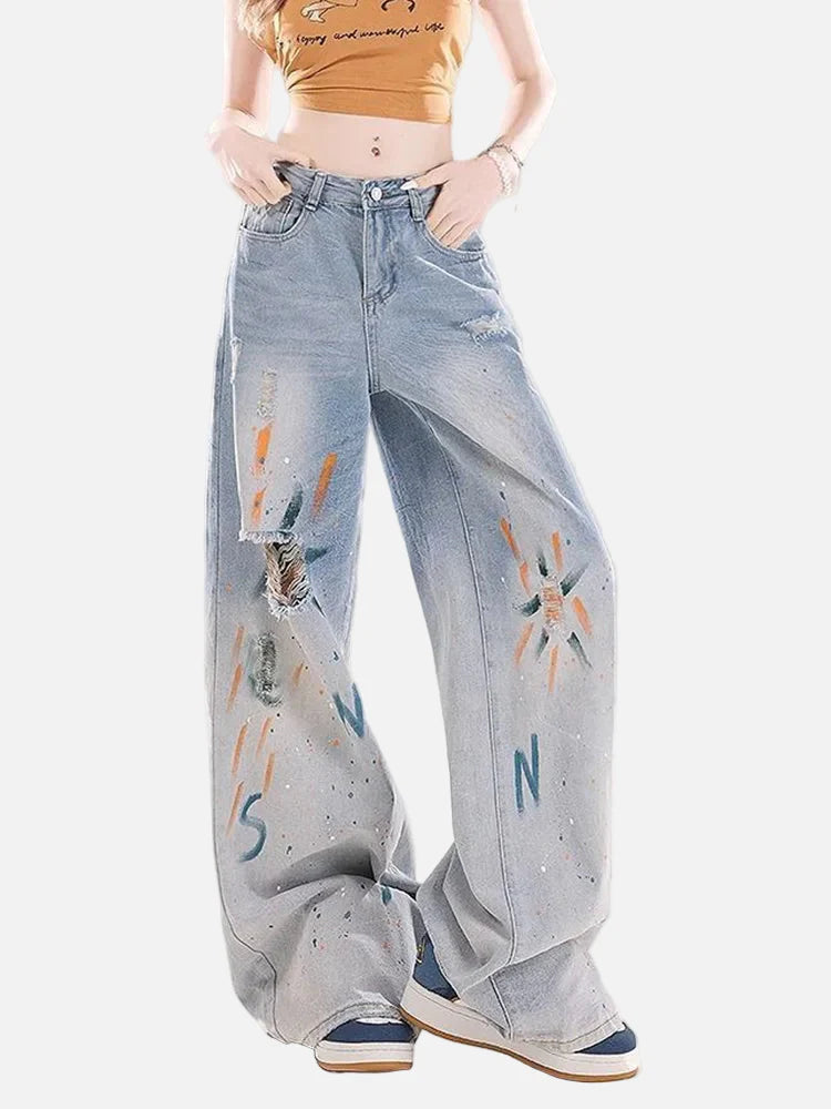Streetwear-Jeans mit Rissen, hohem Bund und weitem Bein