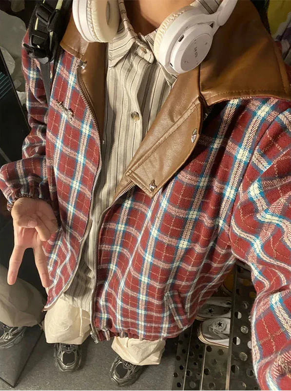 Women Reversible Bouble Face Plaid Biker Leather Jacket