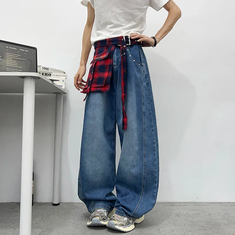 Retro Cool Plaid Printed Loose Denim Jeans