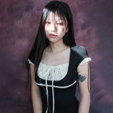 ゴシックレースパッチワークフェアリーコア美学Tシャツ