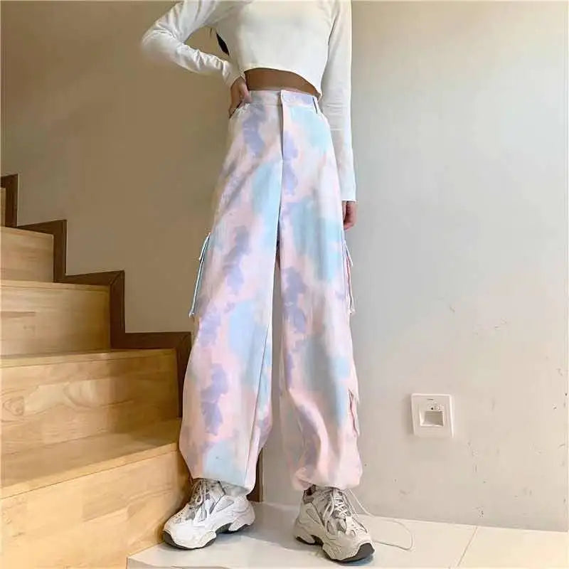 Streetwear Retro High Waist Cargo Pants im Batik-Look