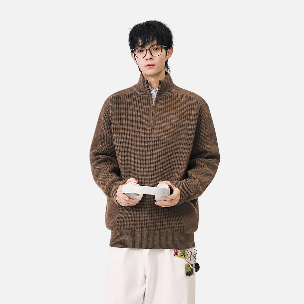 Cozy Mock Neck Half Zipper Waffle Knit Sweater