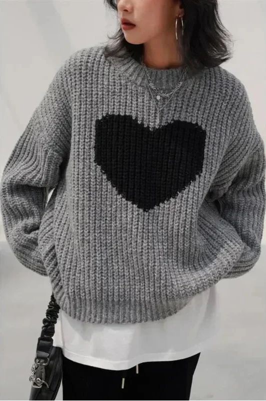 Heart Print Gray Knitted Oversize Sweater