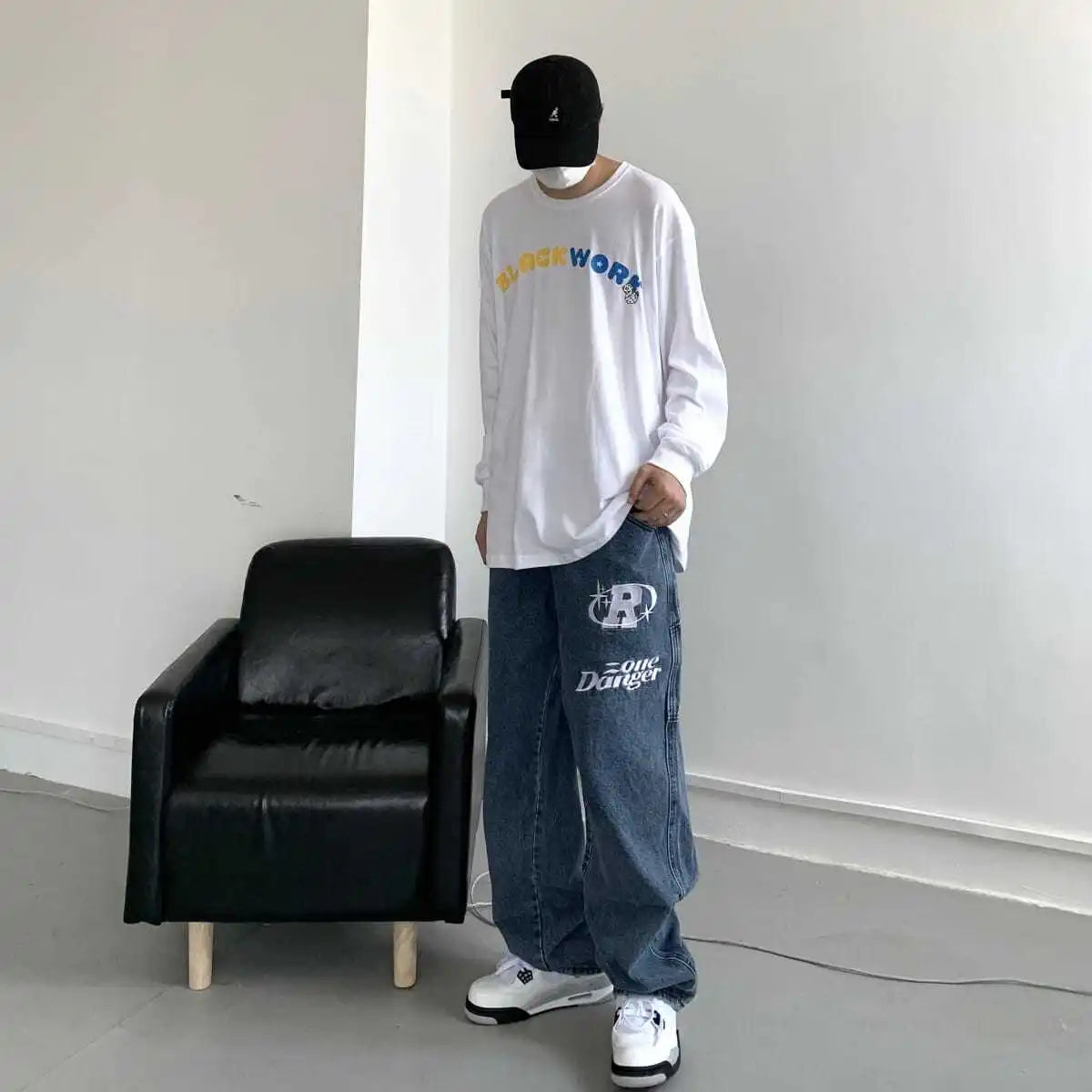 Retro Hip Hop Letter Print Denim Straight Leg Jeans