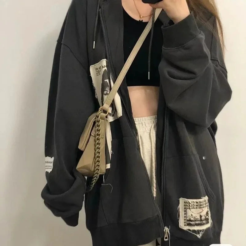 Y2K Graphic Patchwork Zip-Up Hoodie