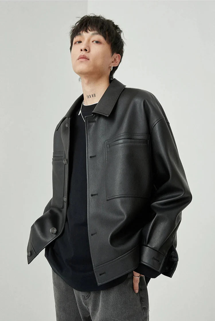 Brown And Black Oversized Faux Leather Jacket