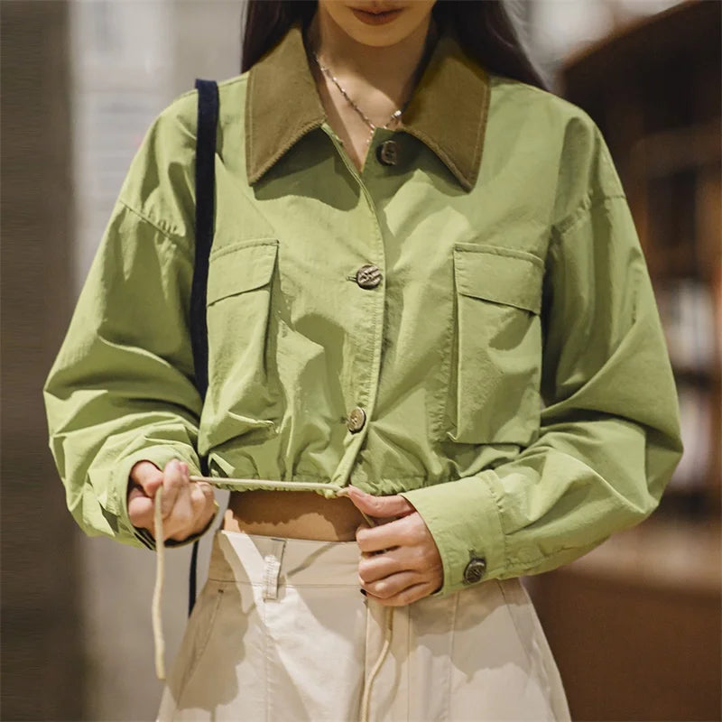 Women Vintage Green Corduroy Patchwork Jacket