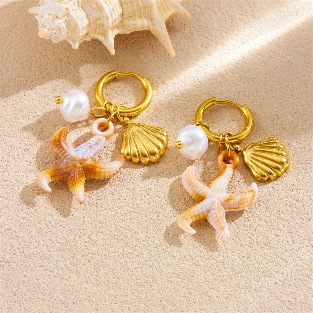 Golden Sea Star Scallop Pearl Earring