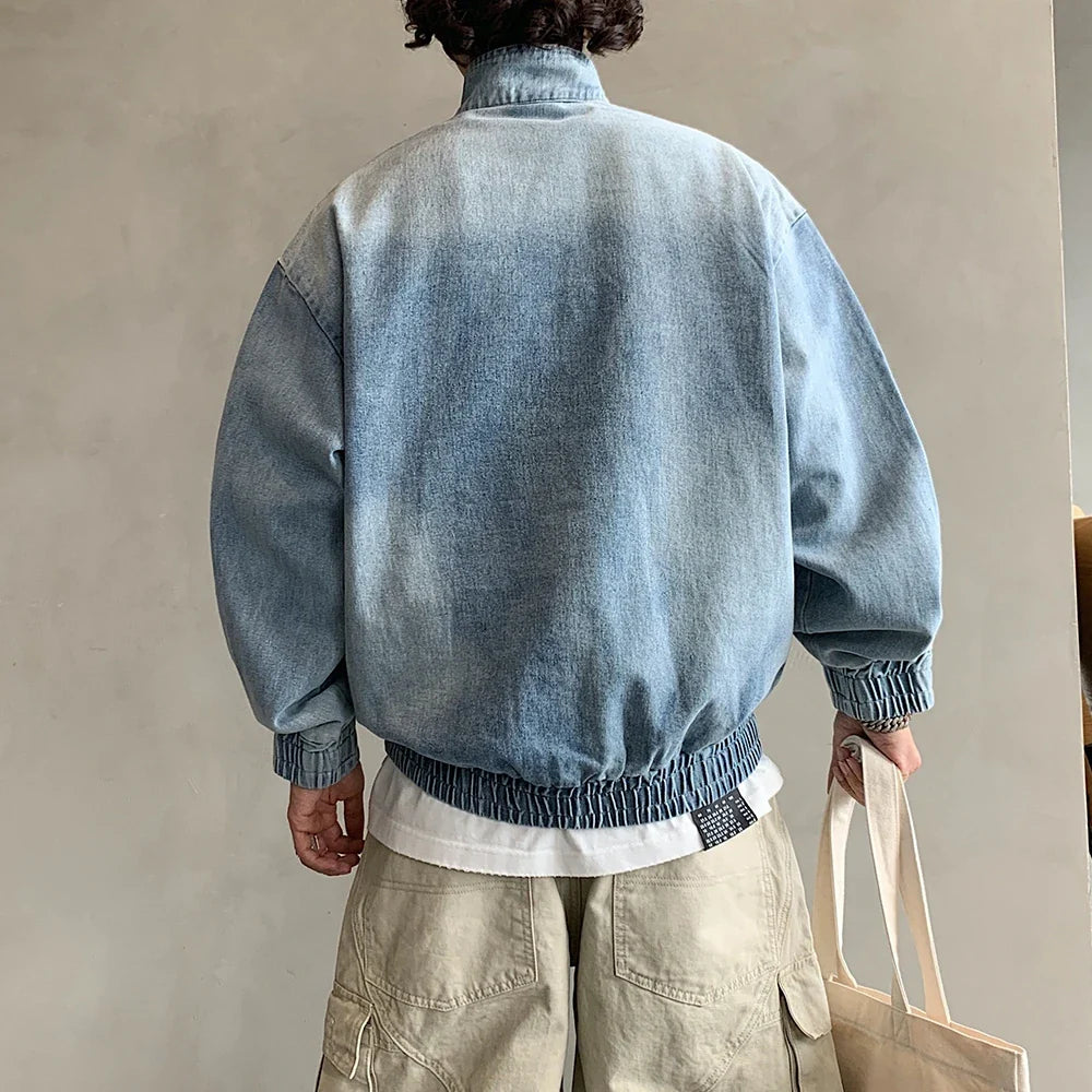 Vintage Distressed Denim Half Zipper Sweatshirt
