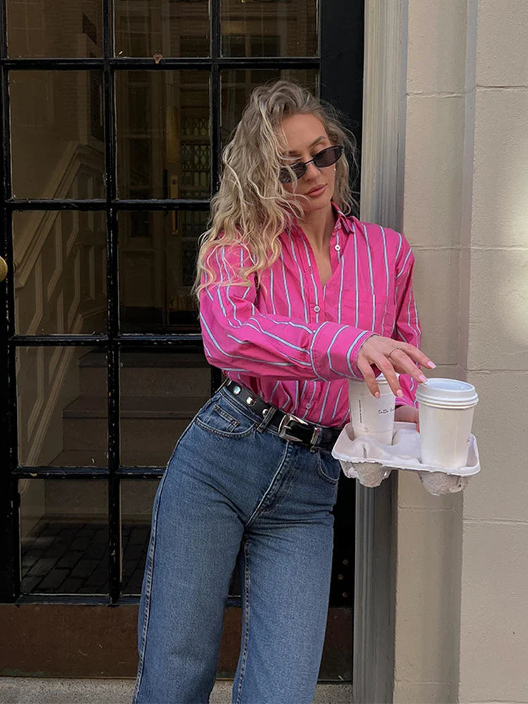 Chemise à manches longues rose rayée chic pour femme, style streetwear