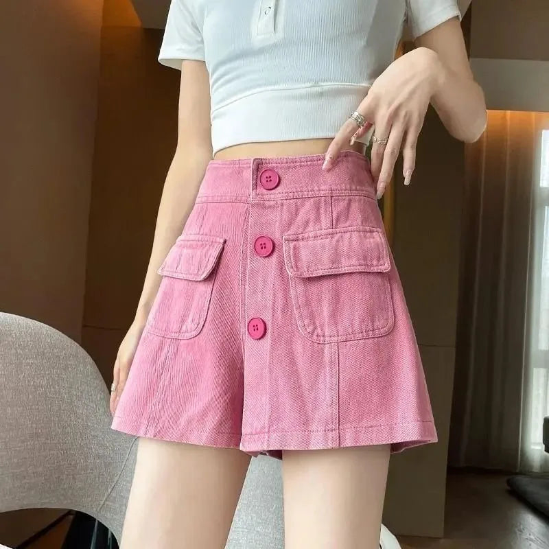 Rosa hochtaillierter Culotte-Jeansrock