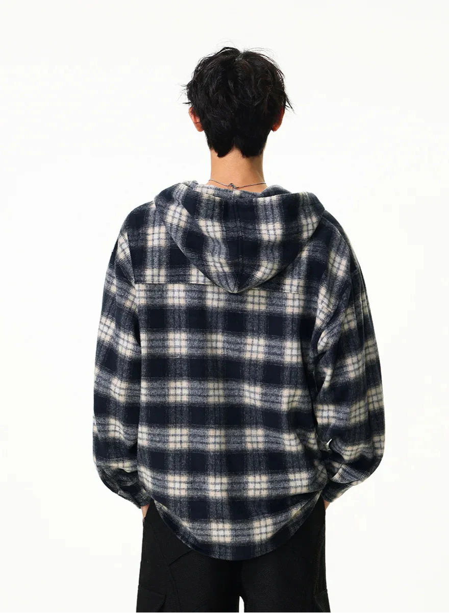 Chemise vintage épaisse à carreaux à capuche décontractée à motif écossais