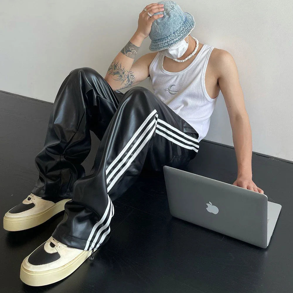 Cloud-Soft Feel Striped Velvet  PU Leather Pants