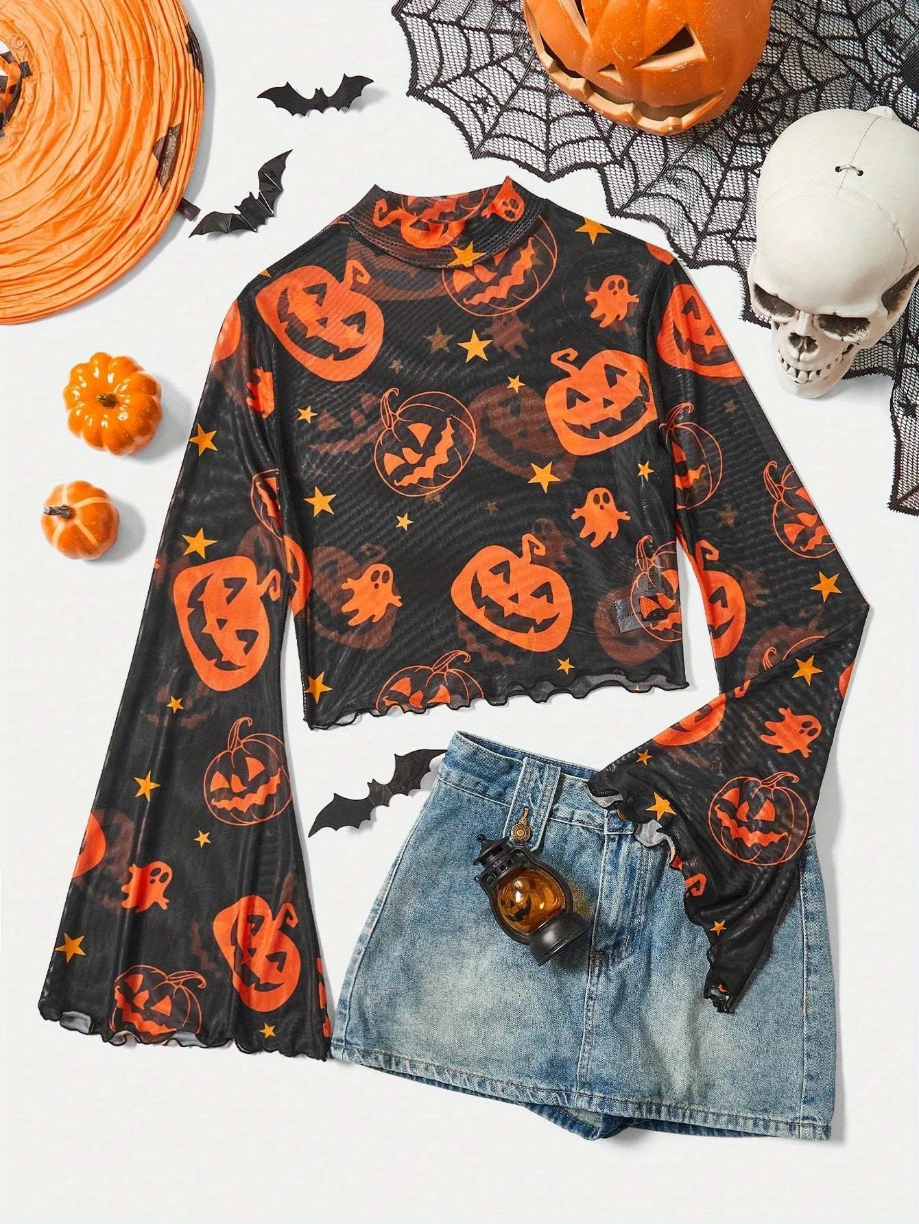 ハロウィン パンプキン柄メッシュアメリカンTシャツ