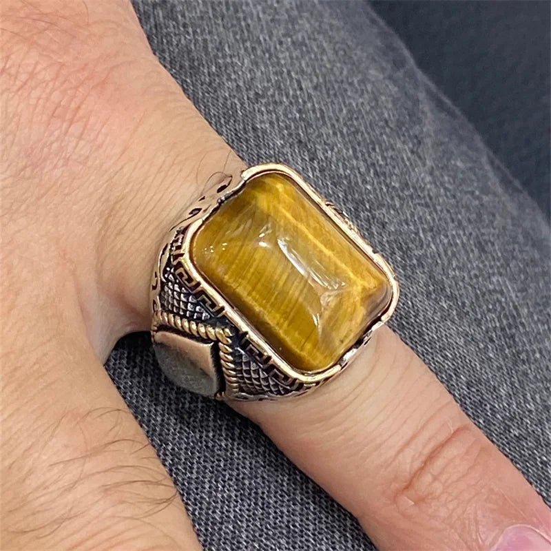 Men Yellow Black Stone Carved Silver Ring