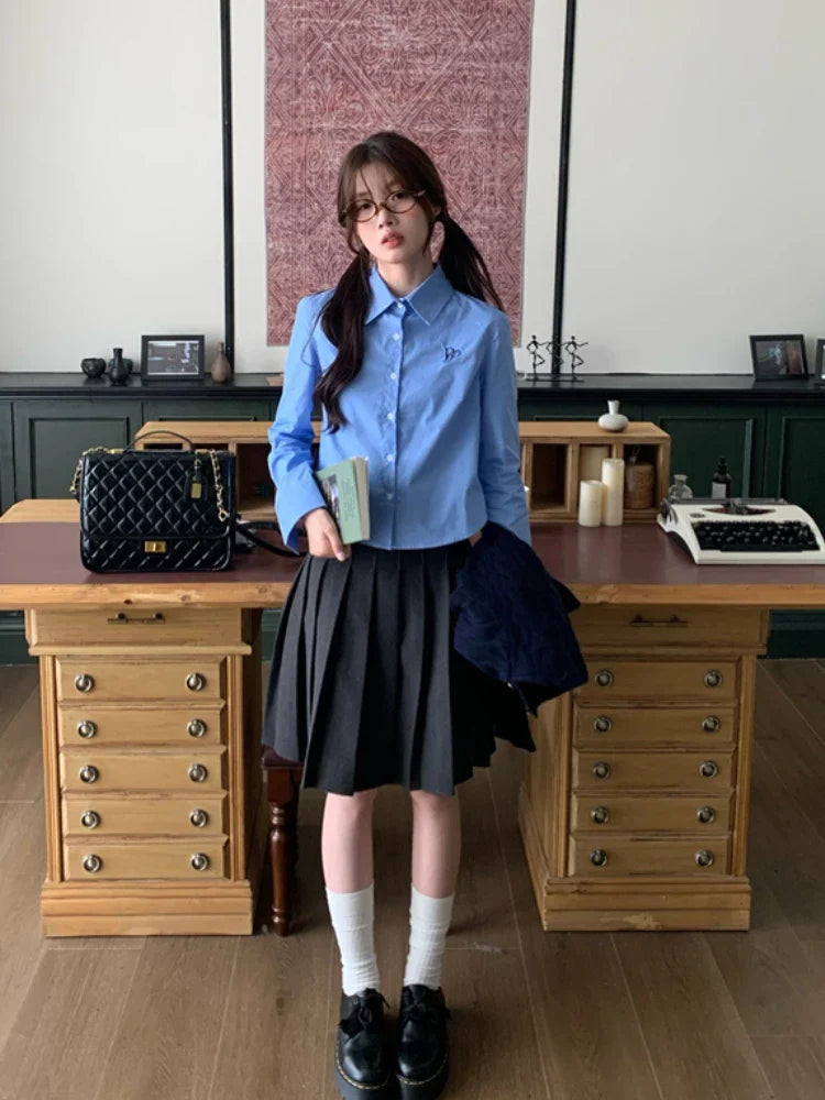 프레피 자수 칠핏 블라우스 셔츠