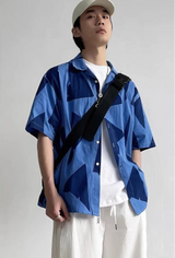 Y2K Street Style Kurzarmhemd in Marineblau mit geometrischem Print