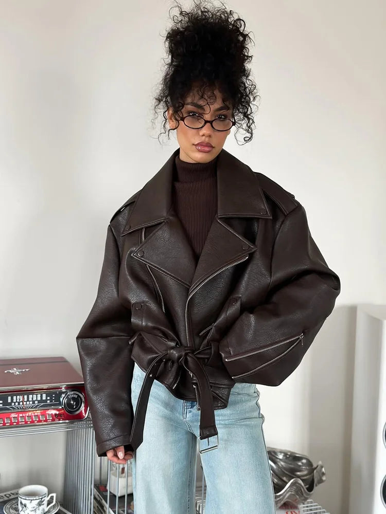 Solid Color Lapel Lace-Up Leather Jacket