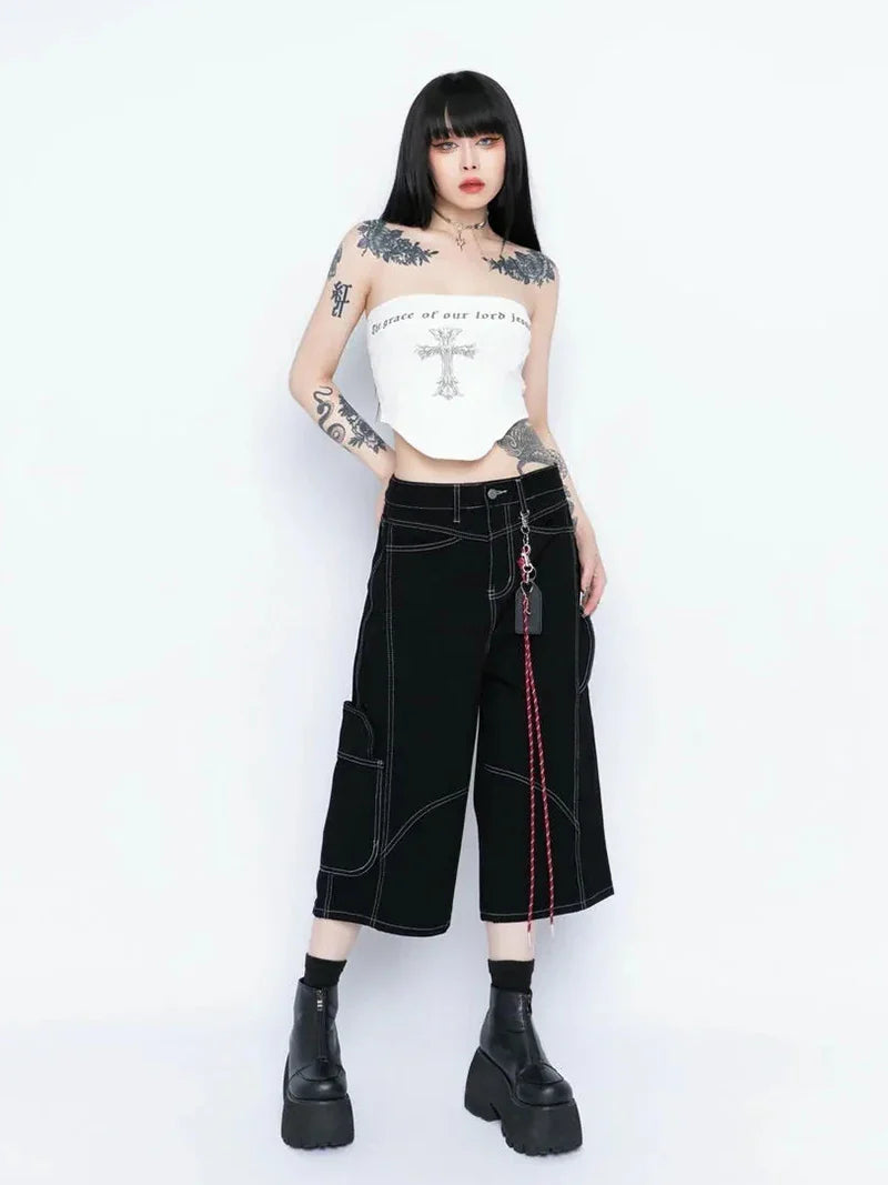 Patchwork Black Retro Wide Leg Jorts