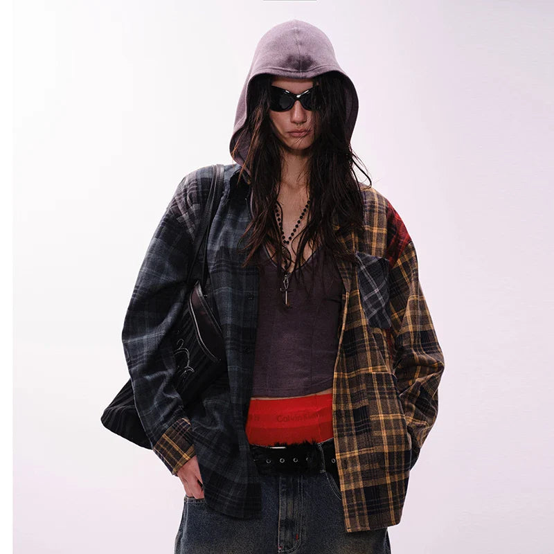 Chemise en flanelle à manches longues, ample et patchwork, oversize