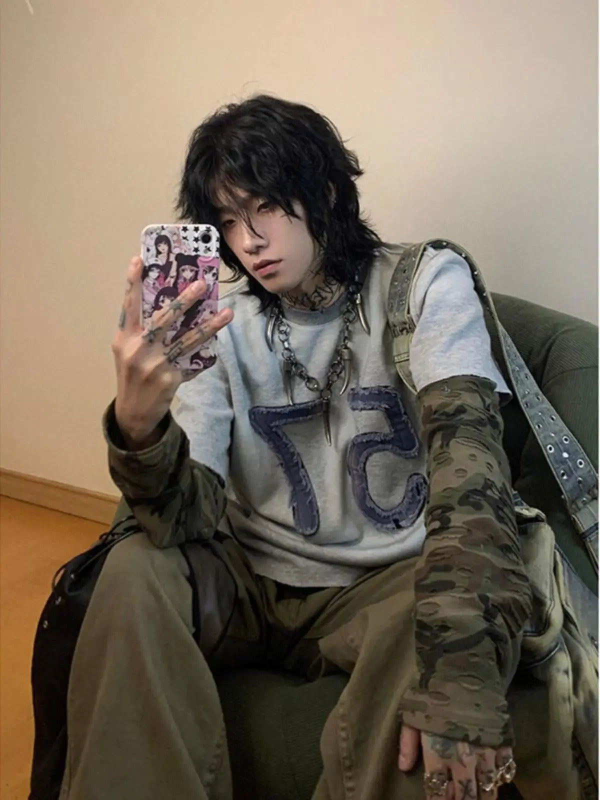 Streetwear Retro Vintage Long Sleeved Camo T-Shirt
