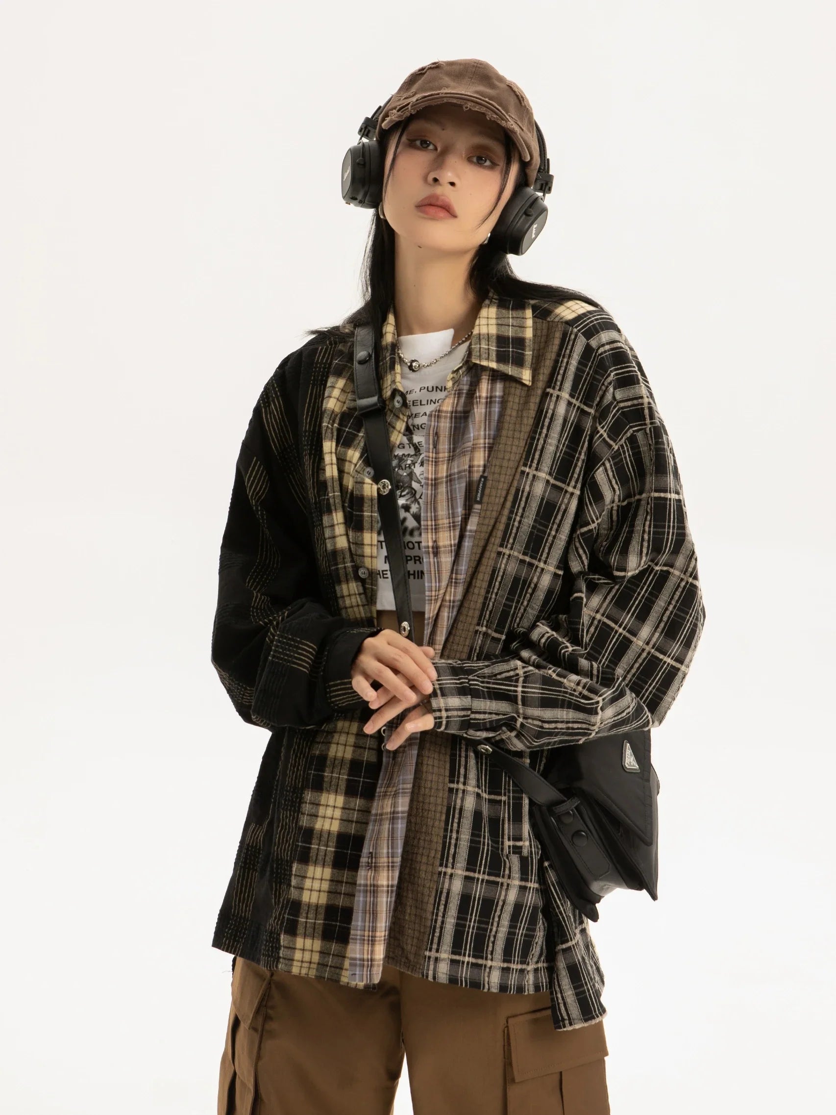 Chemise à carreaux à revers et manches longues pour femme