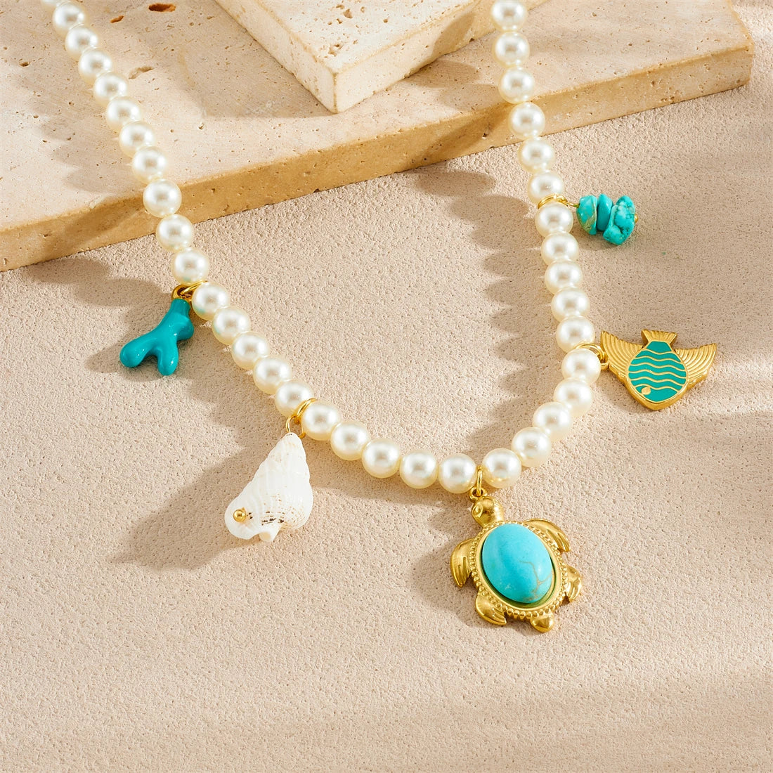 Turquoise Conch Fish Pendant Pearl Necklace