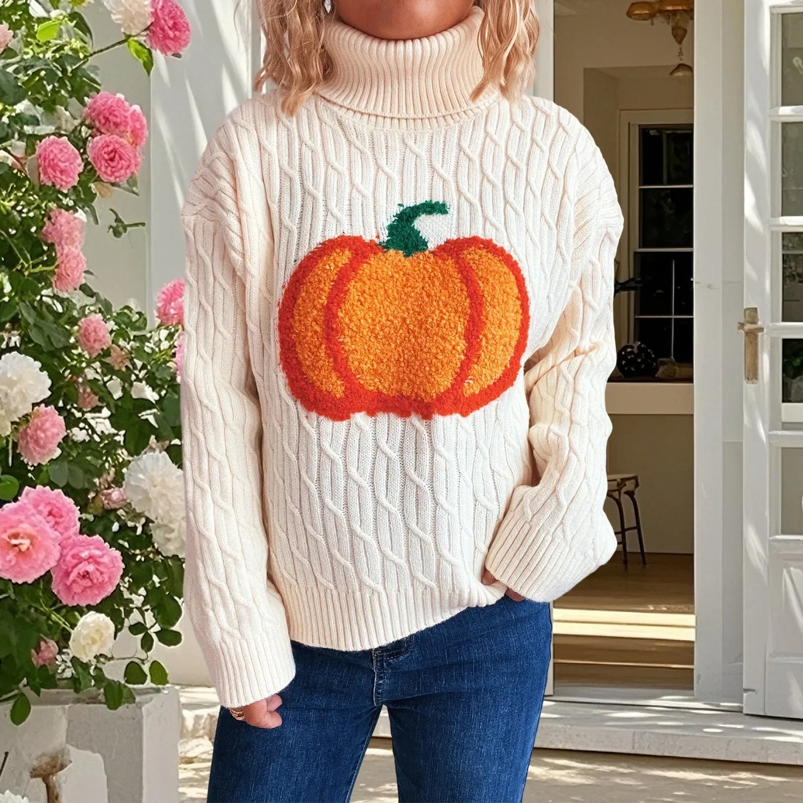 Cozy Halloween Pumpkin Embroidered Sweater
