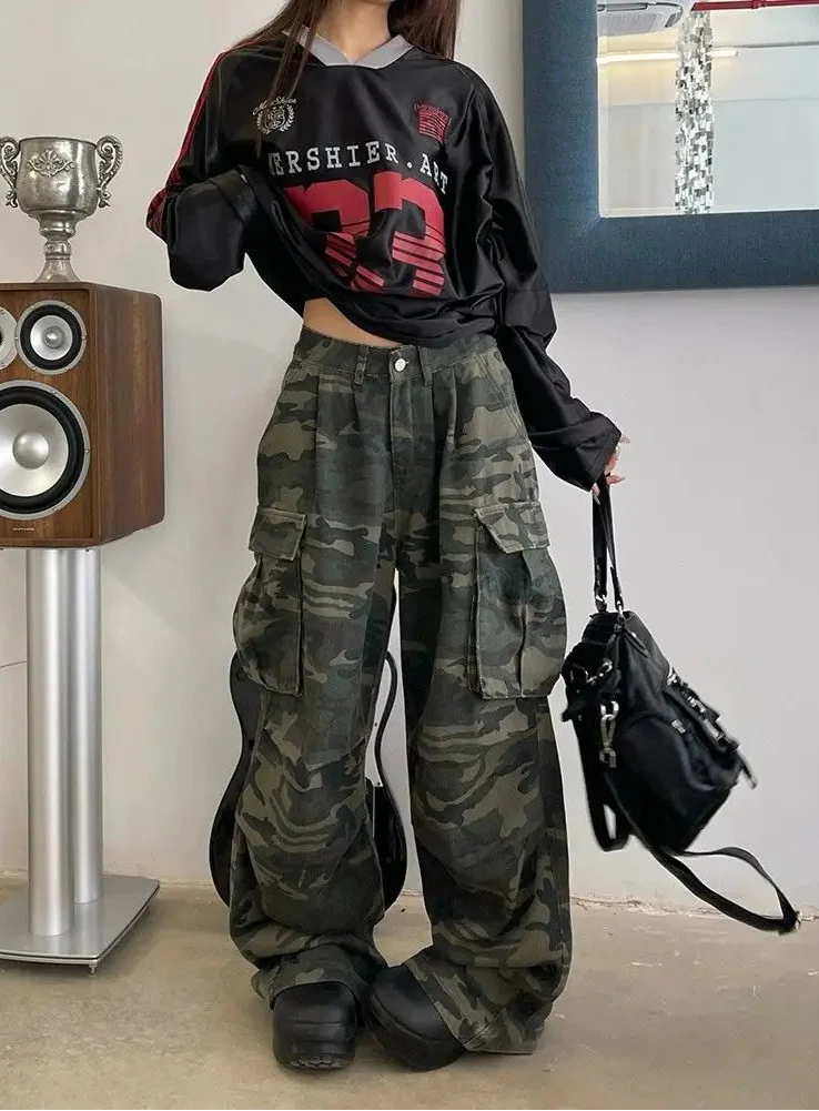 빈티지 워싱 카모플라주 프린트 와이드 청바지