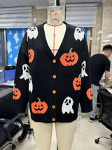 Halloween Cozy Pumpkin Pattern Knit Cardigan