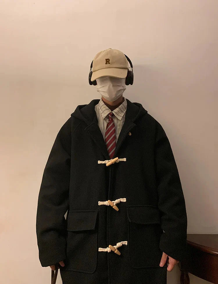 Manteau à capuche en laine vintage à boucle corne
