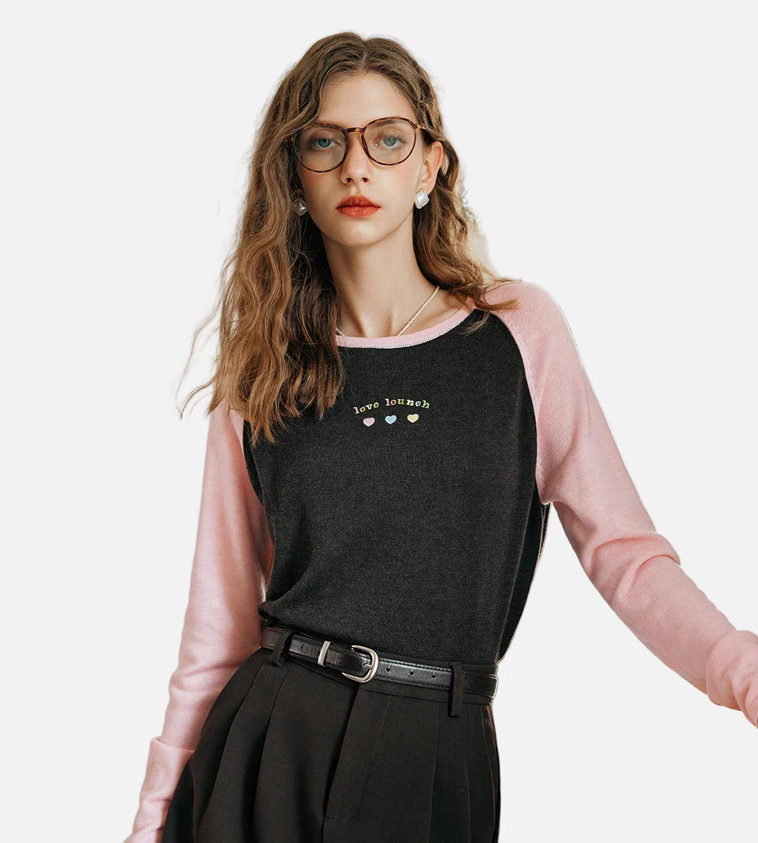 Women Contrasting Color Knitted Long Sleeve T-Shirt