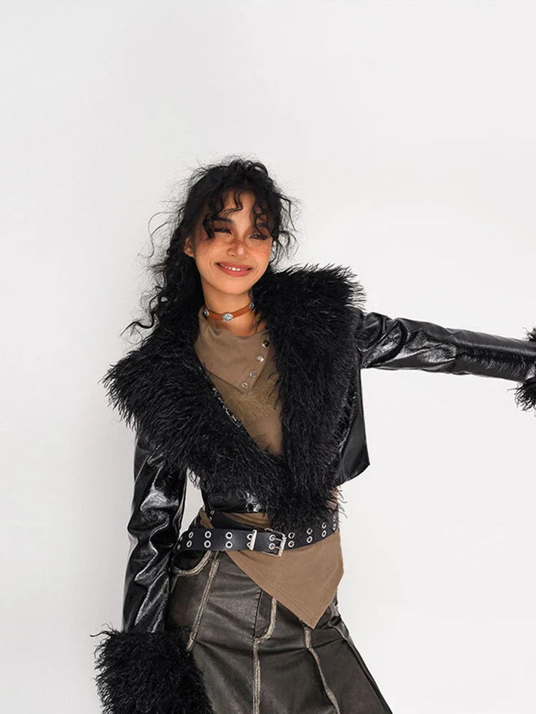 Women Gothic Winter Faux Fur PU Leather Jacket