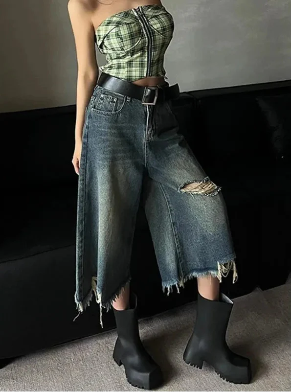 Women Retro distressed high-waist vintage Denim Jorts