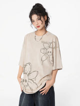 T-Shirt mit gewaschenem Blumen- und Totenkopfmotiv