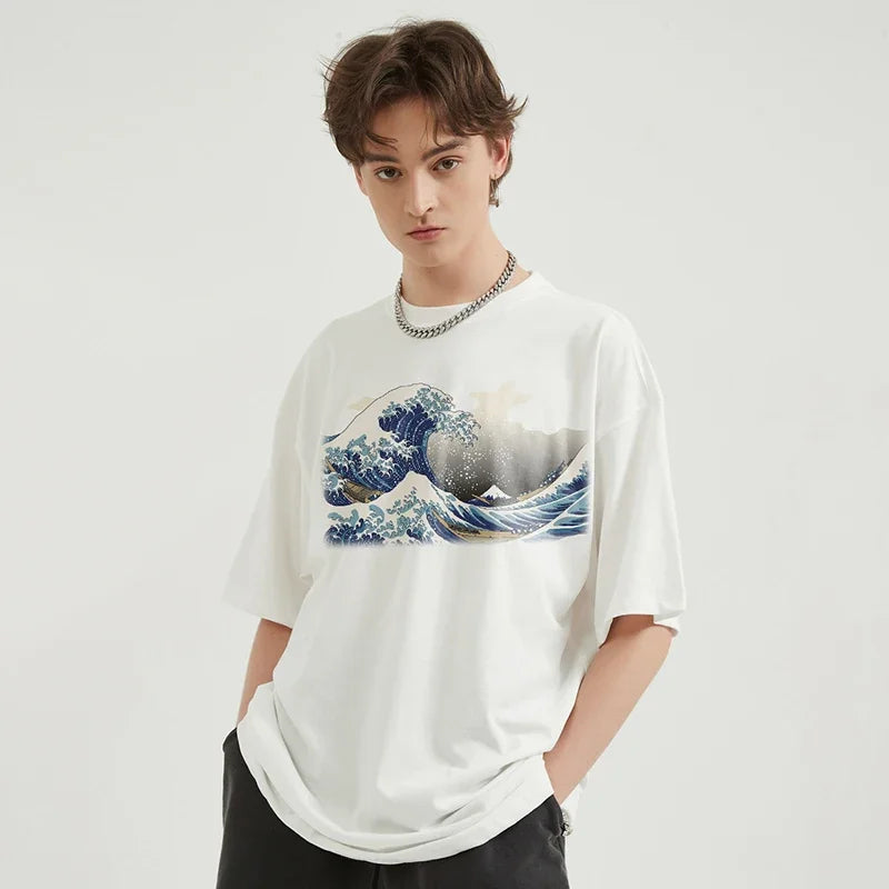 일본풍 잔물결 그래픽 캐주얼 티셔츠