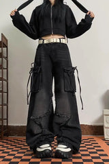 Damen Retro Vintage Schnürjeans mit hohem Bund