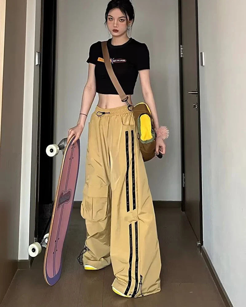 Women Hip Hop Striped Loose Wide Cargo Sweatpants